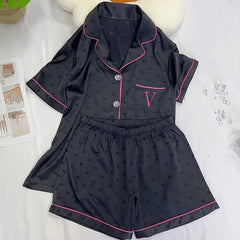 Satin Black V Embroidered Short Sleeve Top And Shorts Pj Set