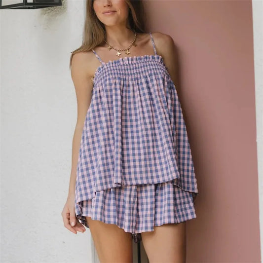 Gingham Plaid  Peplum Babydoll Cami Top And Shorts Set