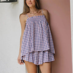 Gingham Plaid  Peplum Babydoll Cami Top And Shorts Set