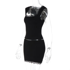 Black Lace Patchwork Top And Mini Skirt Set