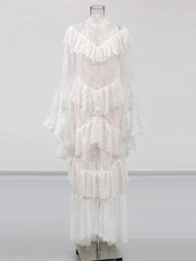 Lace Stand Neck Long Sleeve Patchwork Ruffles Maxi Dress