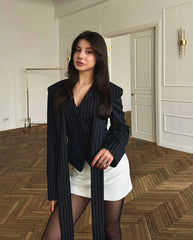 Stripe Tailored Coat With Scarf Top