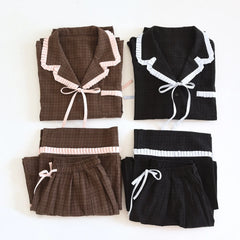Contrast Seam Bow Long Sleeve Shirt And Wide Legs Pajama Set