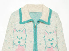 Knit Collar Puppy Embroidery Long Sleeve Zip Up Sweater