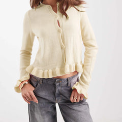 Long Sleeve O Neck Button Up Solid Ruffle Cardigan