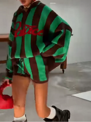 Striped Letter Jacquard Knit Sweater Top And Drawstring Shorts Set