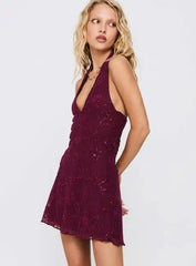 Burgundy Halter Sequin Mini Dress