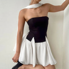 Black Cut Out Hem Tube Top And White Frill Mini Skirt With Scarf