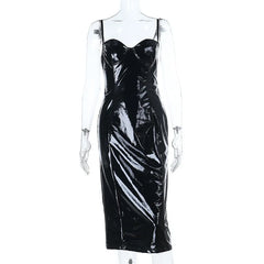 PU Leather Spaghetti Strap Midi Dress