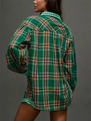 Plaid Print Button Down Lapel Long Sleeve Tops with Ruffled Shorts Set