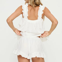 Bow Ruffle Trim Square Neck Shirt And Shorts Pajama Set