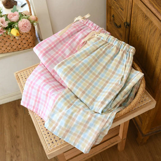 Cotton Checkered Plaid Drawstring Pants
