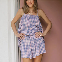 Gingham Plaid  Peplum Babydoll Cami Top And Shorts Set