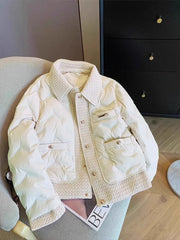 White Quilted Pattern Padded Buttoned Jacket