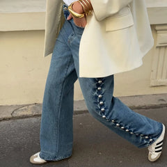 Side Studded Beading Straight Baggy High Waist Denim Pants