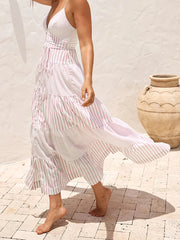 Stripe Patchwork Spaghetti Strap Flowy Beach Maxi Dress