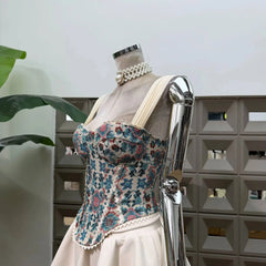 Embroidery Corset Strap Top And Mini Skirt Set