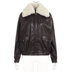 PU Leather Motorcycle Bomber Jacket With Detachable Faux Fur Collar