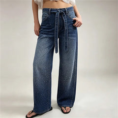 High Waist Rhinestone Wide Leg Jeans