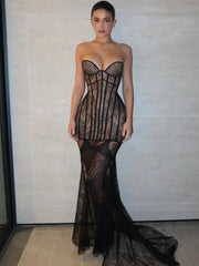 Black Lace Corset Sheer Removable Hem Maxi Dress