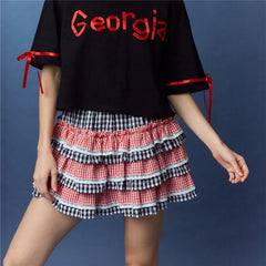 Gingham Elastic Waist Lace Trim Ruffle Layered Skort