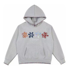 Grey Flower Embroidery Pocket Hoodie