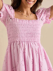 Square Collar Jacquard Puff Sleeve Mini Dress