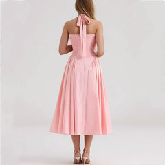 Drawstring Chest Pleated Low Waist A-lined Pink Midi Dress