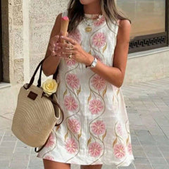 Pink Flower O Neck Sleeveless Mini Dress