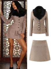 Fur Collar Coat And Mini Skirt Set