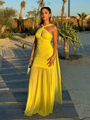 Yellow Ruched Halter Tie-Up Mesh Maxi Dress