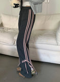 Grey Three Stripe Bow Wide Leg Sweatpants