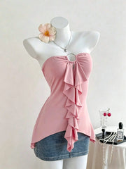 Pink Metal Ring Cutout Ruffle Strapless Top