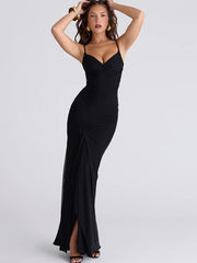 Black Mesh V-neck Strappy High Slit Maxi Dress