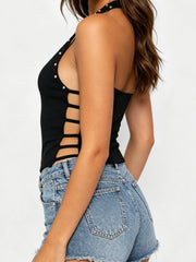 Rivet Studded Halter Neck Plunge Side Cut Out Top