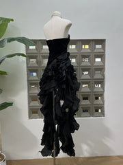 Strapless Diamonds Patchwork Ruffles Long Dress