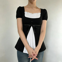 Black And White Square Neck Puff Sleeve Blouse