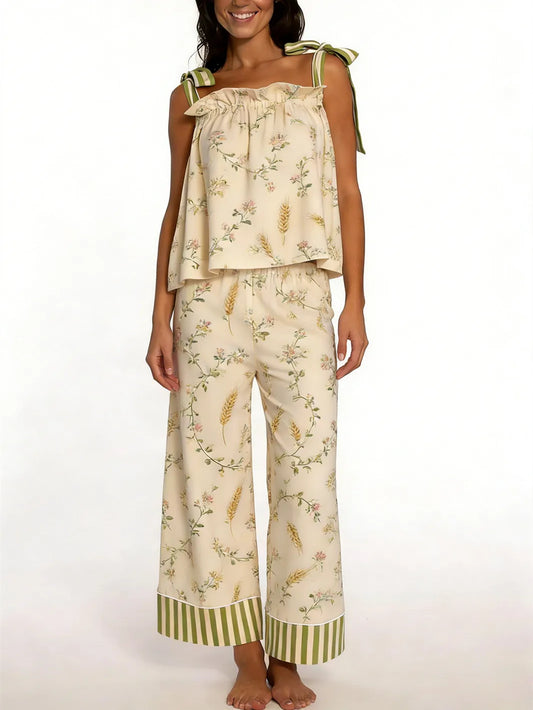 Floral Print Tie Shoulder Top with Pants Lounge Wear Set