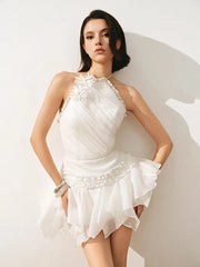 White Beige Halter Neck Lace-up Flower Pleated Mini Dress