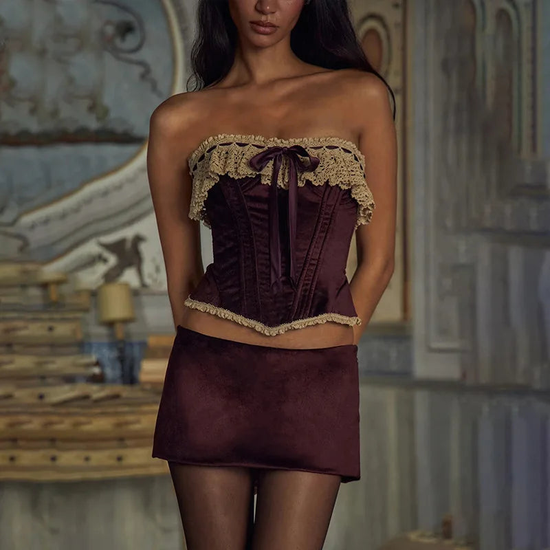 Purple Velvet Corset Crop Top And Mini Skirt Set Free From Label