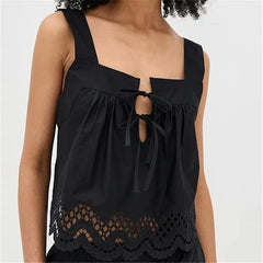 Black Square Neck Lace Trim Top with Bow Tie