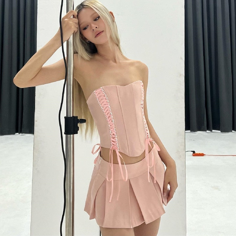 Pink Lace Up Corset And Pleated Mini Skirt Set