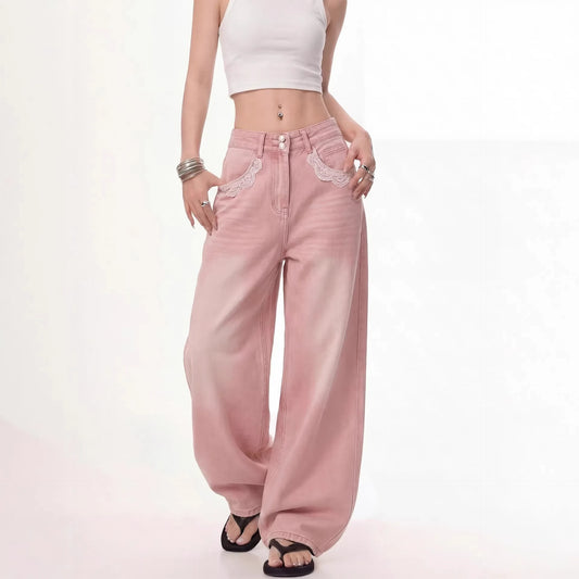 Pink Lace Trim Wide Leg Jeans
