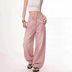 Pink Lace Trim Wide Leg Jeans