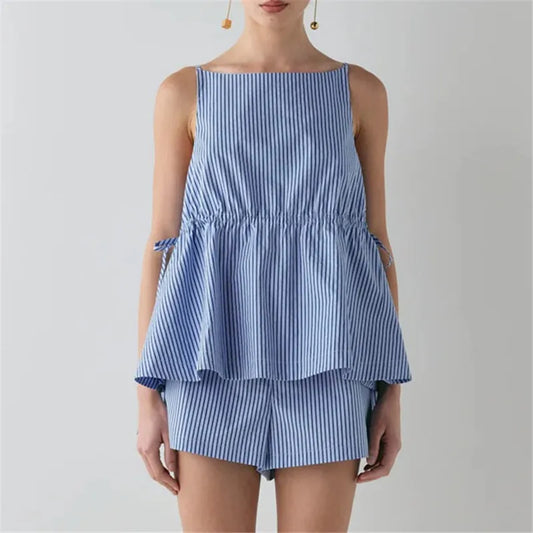 Striped Sleeveless Peplum Top and Shorts Set
