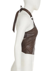 Brown Pu Leather Back Lace O-ring Halter Top