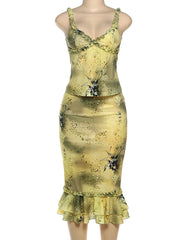Green Printed Frill Strap Top And Midi Skirt Set
