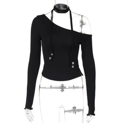 Black One-Shoulder Long-Sleeve Tassel Scarf Top