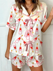 Bow Drinks Print Short Sleeve Top with Shorts Pajamas Set
