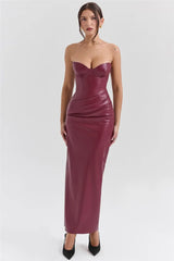 Burgundy strapless PU leather maxi dress for women.